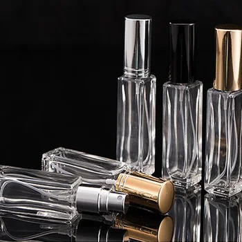 10 мл тънък Прозрачен стъклен флакон-спрей, стъклени флакони за проби, преносими и мини спрей парфюм, златна, сребърна капачка, пътни бутилки