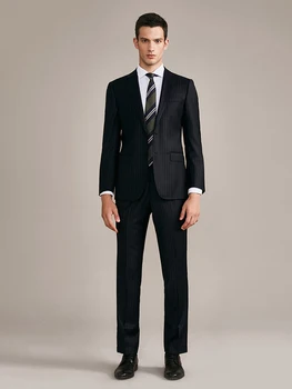 100% Вълна, висококачествени мъжки официални костюми, комплект в черна ивица, изтънчен стил, однобортный сватбен костюм за младоженеца, бизнес мъжки дрехи 46A 54A