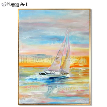 100% Ръчно рисувани лодка изкуство морски пейзаж маслени картини за дома Ръчно изработени Изгрев слънце, морски пейзаж маслени картини стенни модел