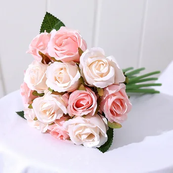 12 глави розови изкуствени копринени цветя, булчински букети, аксесоари за шаферките в ръцете си, аксесоари за парти