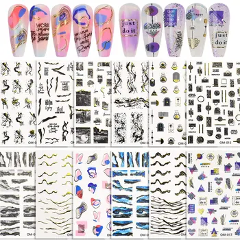 12 листа уникален удар с мраморна текстура, абстрактна буква, нерегулярная както и вълнообразна линия, самозалепващи стикери за дизайн на ноктите, стикери, декорация за маникюр