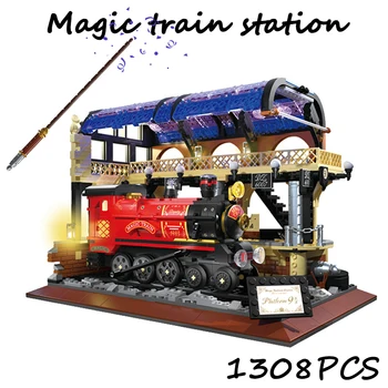 1308 бр. новата магическа поредица от Магически жп гара песен влак блок Изглед към улицата Микро Монтаж на тухли Играчки за деца подаръци