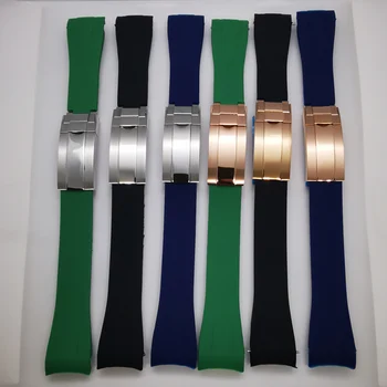 20 мм черен син зелен гумена каишка за часовник със сребристи катарама от неръждаема стомана, цвят розово злато