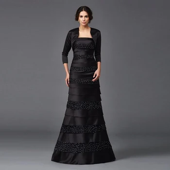 2020 Елегантни черни рокли-deuces за майката на младоженеца с жакетом трапецовидна форма, с много нива пола, рокля без презрамки, расшитая мъниста, облекло за сватбеното парти