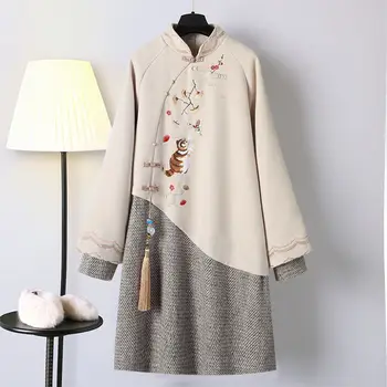 2022 Дълга hoody, китайското рокля, пролетта и есента женски свободен всекидневен костюм Чонсам с бродерия, чисто нов пуловер с качулка