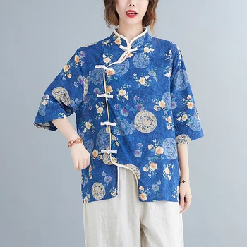 2022 дълги памучни блузи qipao collor рокли ризи с флорални принтом реколта свободна блуза дамски традиционната китайска облекло