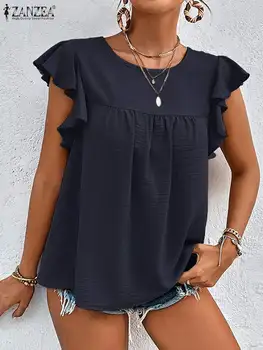 2023 ZANZEA, лятна модна блуза за партита, дамски елегантни блузи с волани, женска риза с дълъг ръкав и кръгло деколте, празнична однотонная риза в сгъвката на