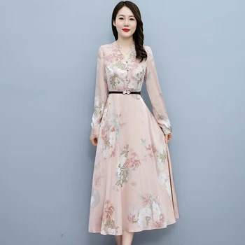2023 Вечерна рокля, розово ацетатный атлас с цветен модел, всекидневни дългата дреха, модно дамско елегантно красива вечерна рокля midi, пролет-есен, дебнещ