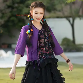 2023 дамска блуза hanfu с цветна бродерия, традиционна женска национална блуза, дрехи hanfu, традиционен ориенталски костюм от епохата на тан, палто