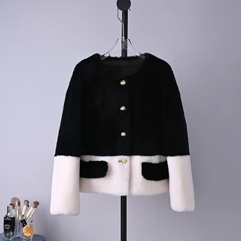 2023 Дамски зимни нови къси якета в контрастен цвят, дамски връхни облекла за стригане на овце, дамски палта с кръгло деколте от естествена кожа агне R361