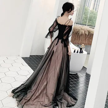 2023 Дамски официални рокли от тюл трапецовидна форма, бродирани черни мъниста, Vestido De Gala, елегантни рокли за спагети презрамки с отворен гръб за бала
