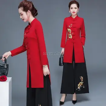 2023 китайски етнически всекидневен костюм за жени, новият топ с копчета, свободен топ с бродерия в ретро стил, широки панталони, модерен комплект g620
