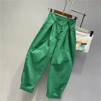 2023 Летни Нови L-Зелени Модерни Панталони Harun С Висока Талия и Две Копчета, Универсални Свободни Скъсяване на Панталони За Жени