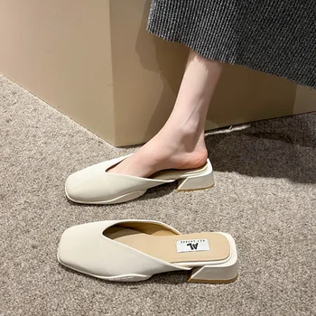 2023 Летните модни чехли, дамски слипоны на равна подметка с квадратни пръсти, всеки ден на улицата обикновена модерни чехли, марка обувки