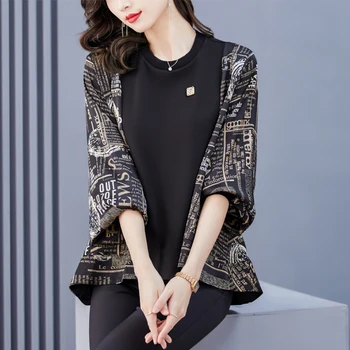 2023, лятна нова корейска версия, шифоновая риза с кръгло деколте и дълъг ръкав, модерен елегантен Свободна дамски дрехи с флорални принтом T489