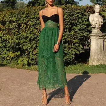 2023, лятно ново женствена рокля от висшата мода с колан, ламинирано секси дантелено зелено отворено премяна