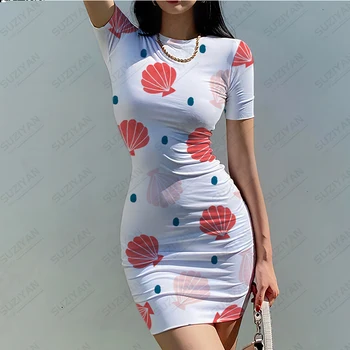 2023 Лятото ново секси рокля с къс ръкав и кръгло деколте, однотонное плажна рокля с градиентной 3D-печат, Гавайское ежедневното дебнещ рокля
