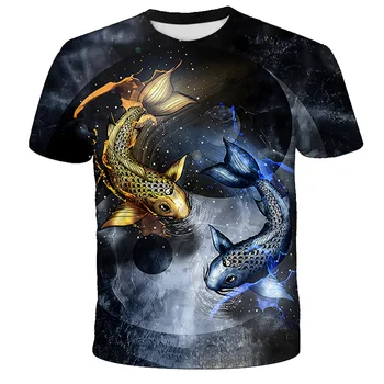 2023 Нова тениска за риболов, стилни ежедневни детска тениска с 3D принтом цифров риба, тениска за момчета и момичета, Летни блузи с кръгло деколте и къс ръкав