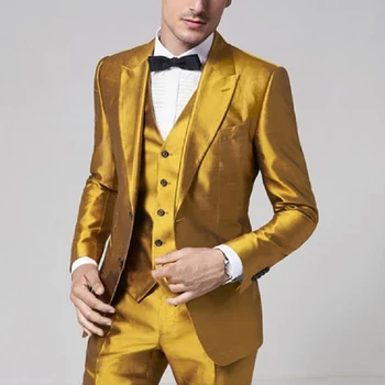 2023 Последните Златни Сатен Мъжки Костюми Slim Fit За Бала, С Смокинг на Булката, Булчински костюм Ternos, 3 предмет (Блейзър + Жилетка + панталони)