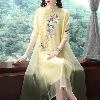2023 пролетта новите китайски традиционни женски ципао с бродерия чонсам, винтажное шифоновое рокля с цветен модел, на източното премяна