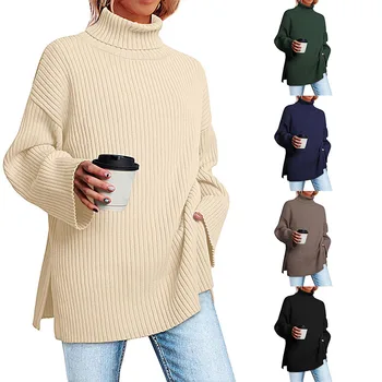 2023 Пуловер оверсайз с високо воротом, с цепка, с дълъг ръкав, женски вязаный пуловер в рубчик с високо воротом