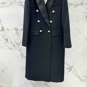 23 есента, новост зимата, черна вълнена козина, модно подиумное двубортное палта с ревери, свободна висококачествени дамски облекла в британски стил