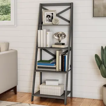 4-Ярусная отделно стоящи bookshelf-стълбище с X-образна рамка, сив
