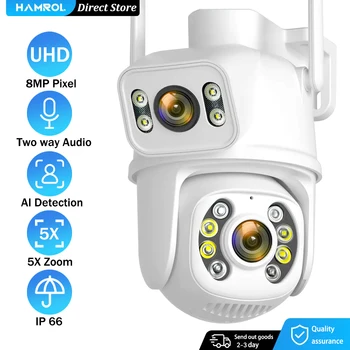 4K 8MP двухобъективная Wifi PTZ камера с двойна екран за нощно виждане за откриване на човек на външните 4-мегапикселови камери за видеонаблюдение ICSEE App