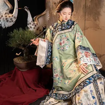 5 цвята Ретро тежка промишленост Антични дрехи дамски династията Цин с флорални принтом Свободно рокля Чонсам с дълъг ръкав Qipao Cospaly