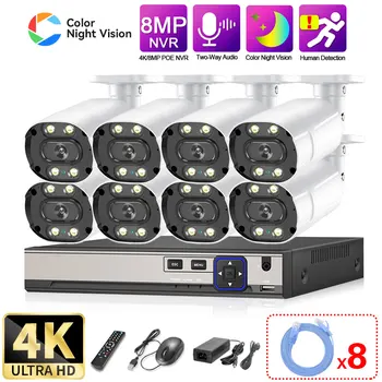 8-Канален POE Камера за видеонаблюдение Комплект Система за Сигурност 4K NVR Комплект Пълноцветен IP камера за Нощно Виждане Bullet Комплект Система за видеонаблюдение 8MP