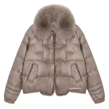 90% Дамско палто с яка от естествен лисьего кожа, якето е с качулка, елегантни дамски дебела топла горна дреха на утином топола с копчета