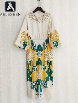 AELESEEN подиумное една модерна женствена рокля 2023 Пролет-лято с ръкав-фенерче, расшитое хрустальным мъниста, жълто-зелен цветен принт, midi-парти