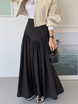 DEEPTOWN, корейската мода плиссированная дълга пола, дамски реколта пола трапецовидна форма, с висока талия и стегнато, елегантна пола Макси стил мозайка, лятна ежедневни