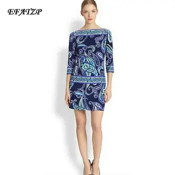 EFATZP Европейското луксозно модно женско синьо коприна рокля от еластичен джърси с абстрактен геометричен принтом дължина до коляното