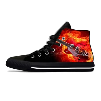 Flame Flaming Fire на китара в рок-музика, мода готини и ежедневни обувки от плат с високо берцем, леки, дишащи мъжки и дамски маратонки с 3D принтом