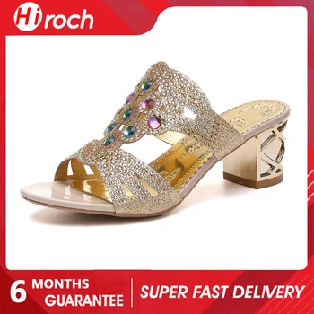 HiRoch, цветни летни нови дамски сандали на среден ток, блестящи чехли с кристали, дамски домашни обувки