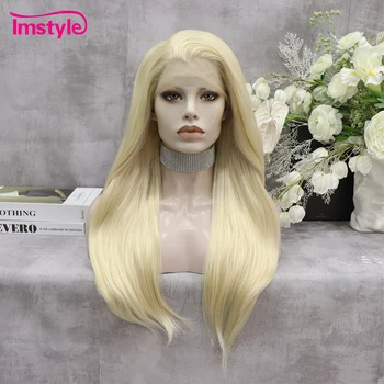 Imstyle Blond перука, завързана с Дълъг синтетични перука на дантели права коса от устойчиви на топлина влакна 613 Перуки за жени Cosplay Дневен перука