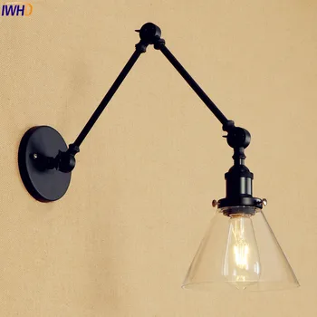IWHD Черен стенен лампа с дълга дръжка в съседство със стъклен абажуром Домашно осветление Винтажное промишленото стенни аплици LED Edison в стил loft Arandela