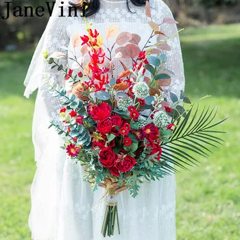 JaneVini Flores Boda Булчински Букет от Червени Цветя за Булки, Изкуствена Роза, Божур, Сватбена Брошка в Западен Стил, Букети от Зелени Листа 2019