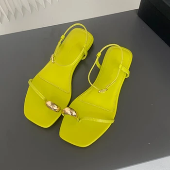 Jenny & Dave/ модни дамски жълти кожени обувки на плоска подметка с катарама във формата на пръстен, джапанки за почивка, ежедневни сандали за блогъри, женски