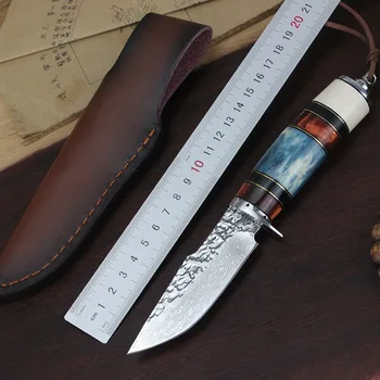 KESIWO GT0176 Дамасский нож с фиксирано острие от дърво и стомана глава, дръжка, тактически директен кухненски нож за къмпинг, ловен нож за оцеляване