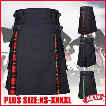 Kilts-мъжки шотландски хибридни черни kilts от памук и тартан големи размери с кожени джапанки, универсални kilts за мъже