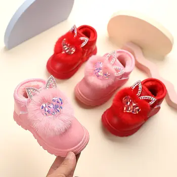 Love Heart / Нови зимни памучни обувки за момичета, зимни ботуши принцеса, детски кадифе, зимните обувки със средна височина, детски зимни обувки