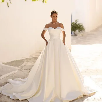 Msikoods Сатен сватбени рокли трапецовидна форма, с джобове, отворени рамене, плисета, шаферски рокли в стил бохо, сватбената рокля Vestido de новия