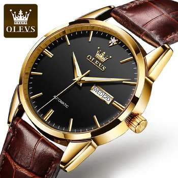 OLEVS Класически механични мъжки часовници Най-добрата марка на Луксозни Автоматични часовници за мъже Кожени водоустойчив бизнес ръчен часовник