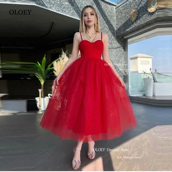 OLOEY Прости вечерни рокли от червен тюл трапецовидна форма на спагети презрамки с дължина до щиколоток, рокли за абитуриентски бал в стил сладка арабска сватба