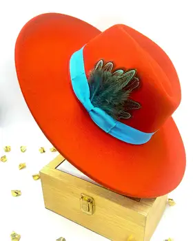 Orange фетровая шапка с периферия 9,5 см, аксесоари от пера, есенно-зимна джаз шапка, дамска шапка, модни Панама, Сомбреро