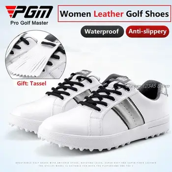 Pgm/ дамски водоустойчив бели обувки за голф, маратонки с противоскользящими шипове, дишащи обувки за лека атлетика, дамски кожена мека обувки с пискюли
