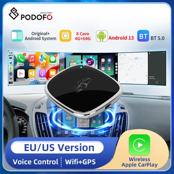 Podofo Безжичен Carplay Ai Box Android Автоматично Адаптер Carplay Mini Box Android13 4 + 64G За Кола с OEM CarPlay За Toyota, Hyundai