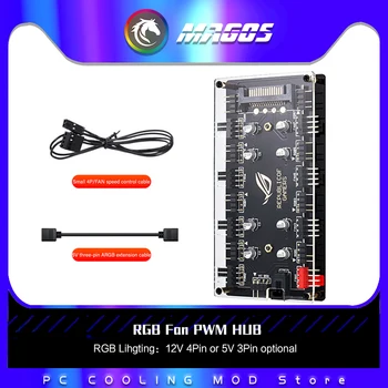 RGB Fan PWM HUB SATA захранване, 8 X 3Pin ARGB / 4Pin M RGB / B СИНХРОНИЗАЦИЯ + 8 X 4Pin PWM-Колектор Температура + Показател 2 В 1 за Управление на